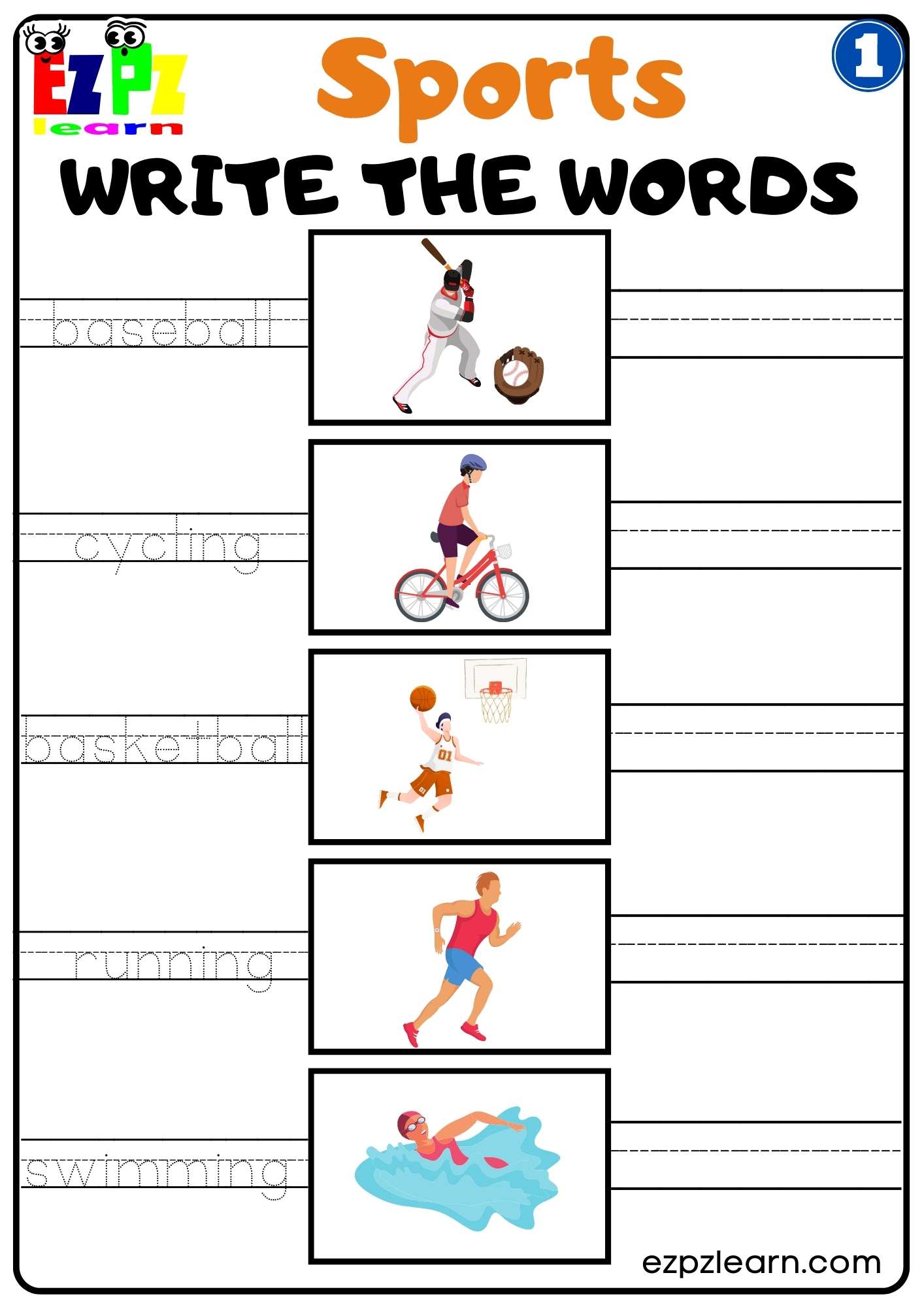 Group 1 Sports Write the Words Worksheet for K5 Kids and ESL Students Free PDF Download